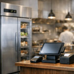 Modern restaurant kitchen featuring a digital POS system and energy-efficient stainless steel refrigerator.