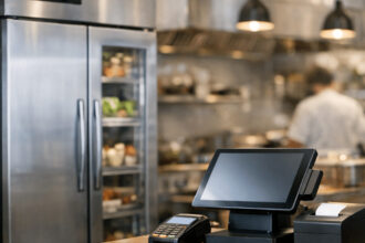 Modern restaurant kitchen featuring a digital POS system and energy-efficient stainless steel refrigerator.