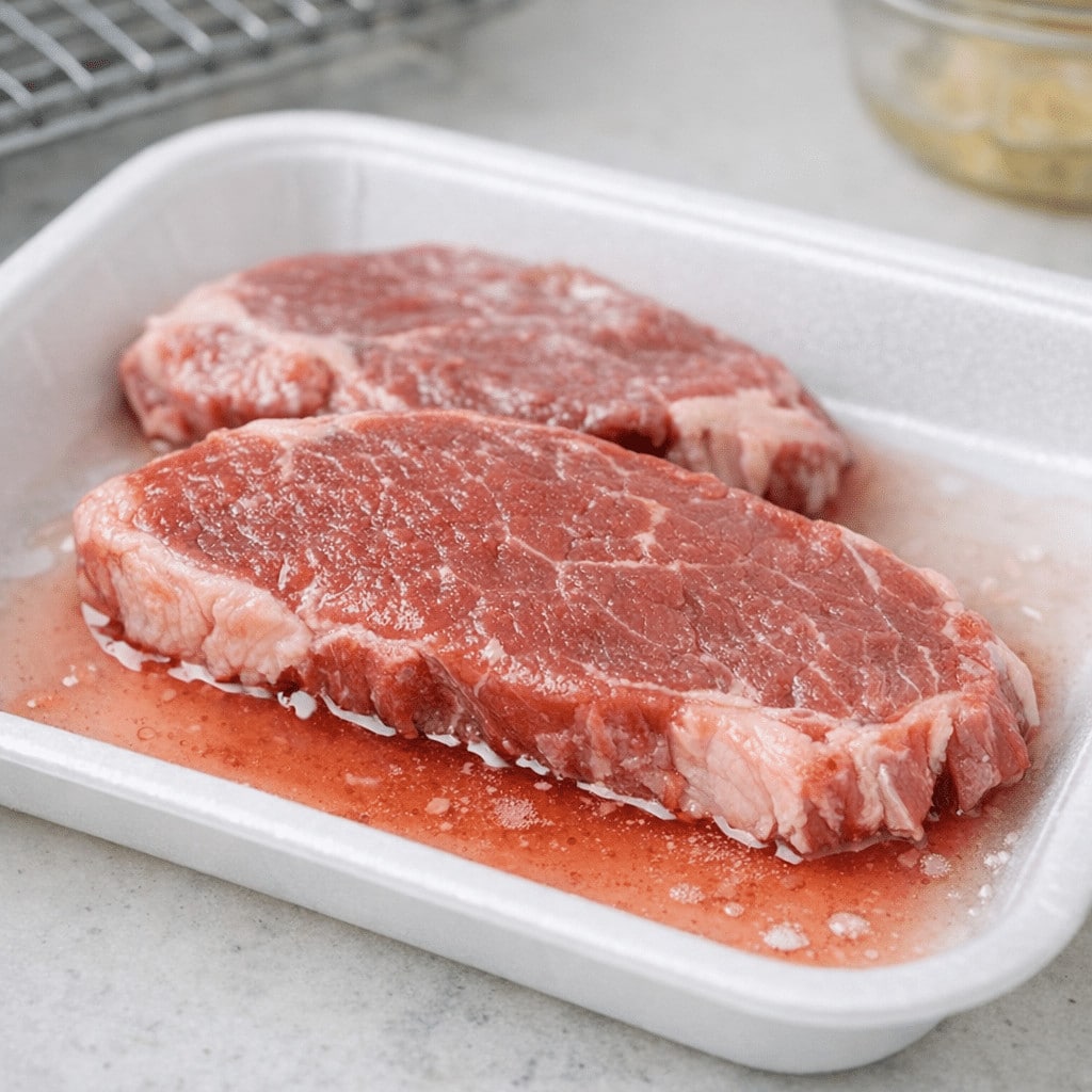 Raw beef steaks in a white foam tray showing fresh, red meat with marbling, ready for cooking.
