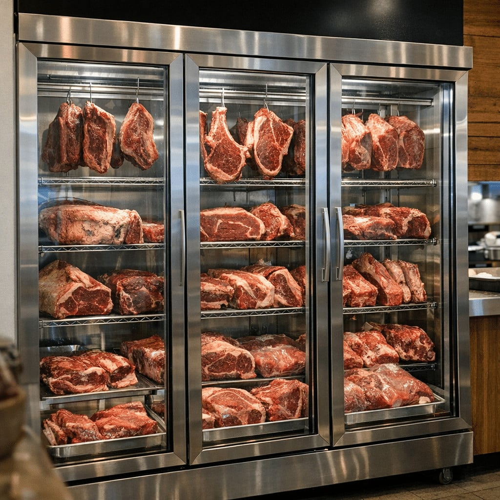 Stainless steel restaurant meat display fridge filled with assorted raw beef cuts on shelves.