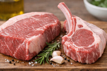 Raw ribeye steak and lamb chop on a (Incomplete: max_output_tokens)