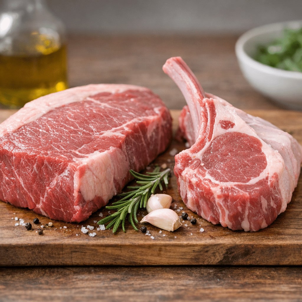 Raw ribeye steak and lamb chop on a (Incomplete: max_output_tokens)