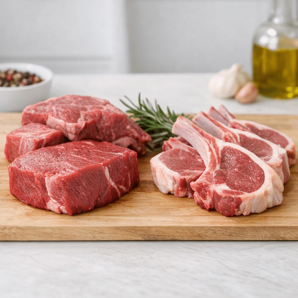 Raw beef steaks and lamb chops on a wooden cutting board with herbs and spices