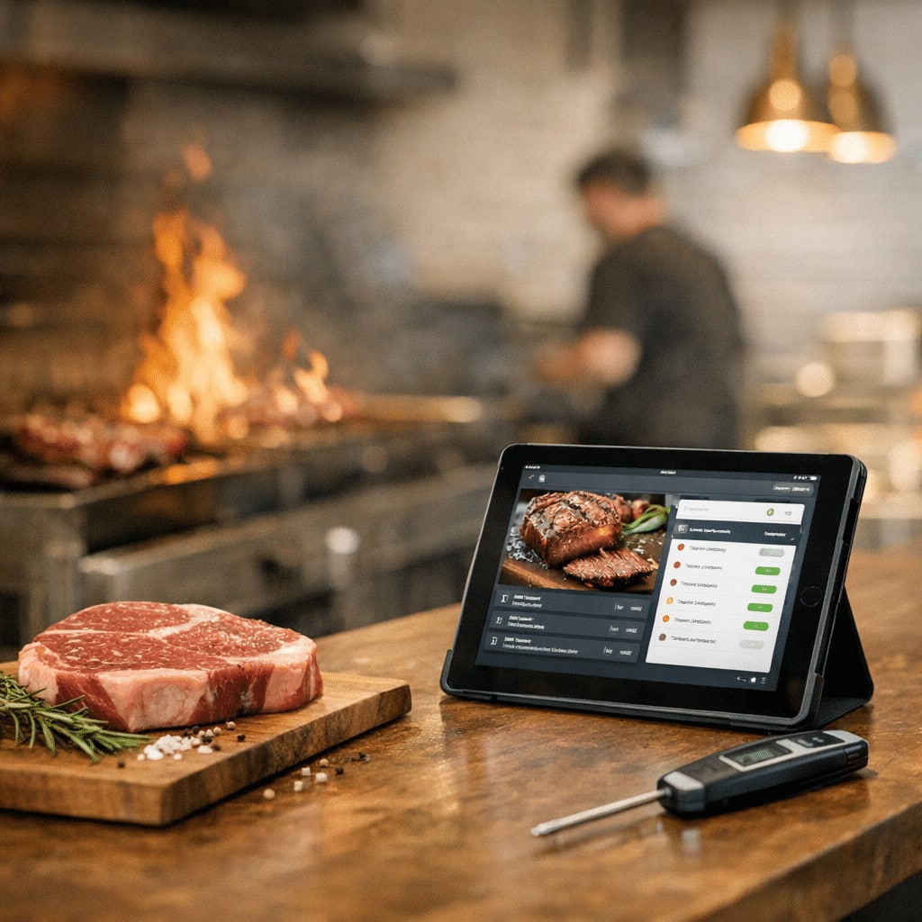 Dijital et termometresi ve tablet üzerinde pişirme uygulaması, profesyonel mutfakta çiğ biftekle birlikte.