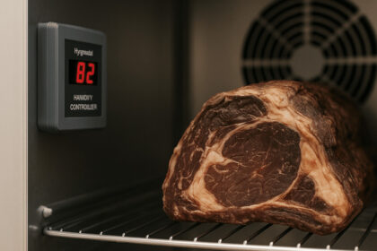 Large pieces of beef aging on metal racks inside a temperature and humidity-controlled dry aging cabinet.