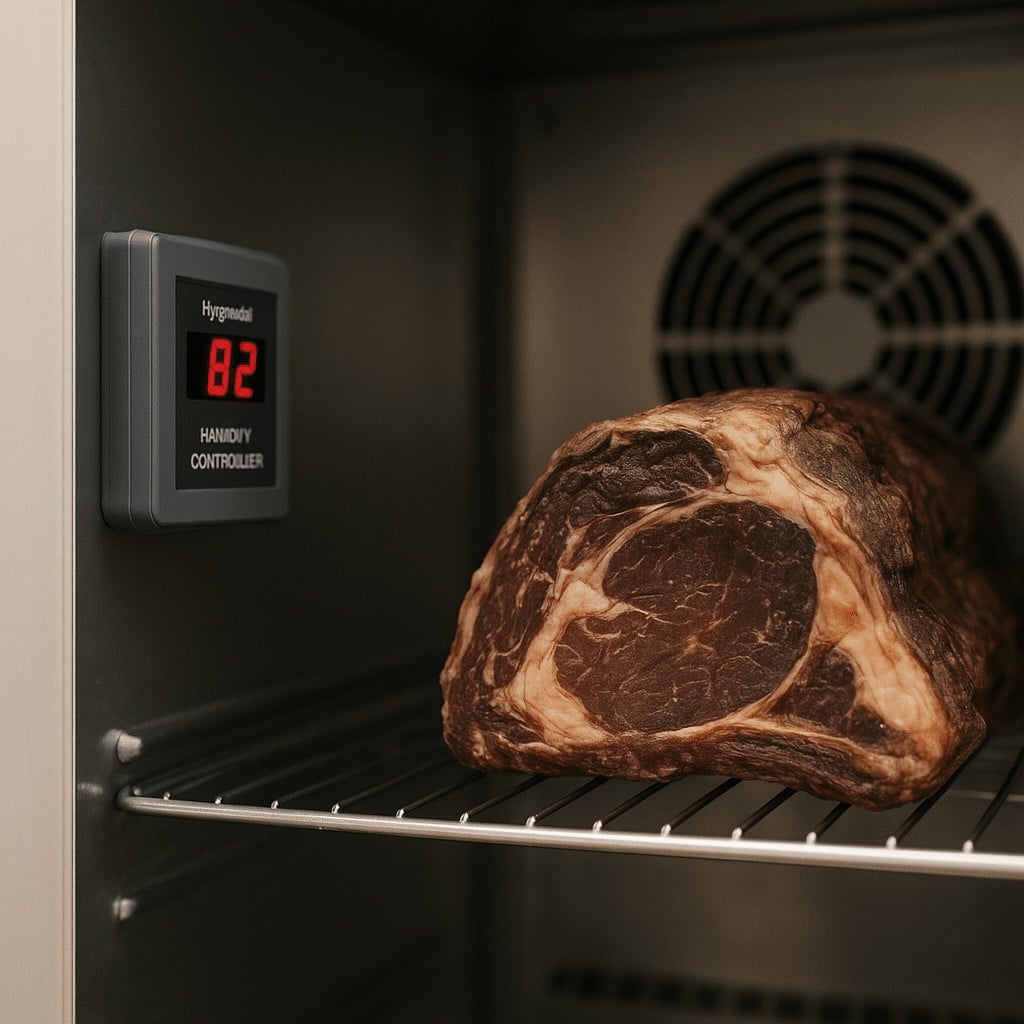 Large pieces of beef aging on metal racks inside a temperature and humidity-controlled dry aging cabinet.