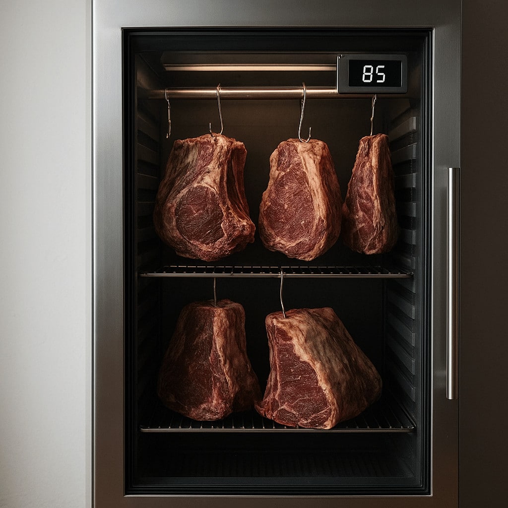 Several large cuts of raw beef hang inside a dry aged refrigerator with visible temperature and humidity controls.