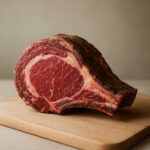 Raw bone-in ribeye steak on wooden board, illustrating dry aged et dinlendirme process duration.