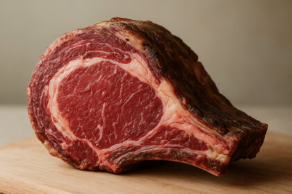 Raw bone-in ribeye steak on wooden board, illustrating dry aged et dinlendirme process duration.