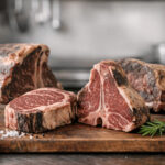 Raw dry-aged steaks on a wooden board with coarse salt and rosemary, ideal for dry aged etler.