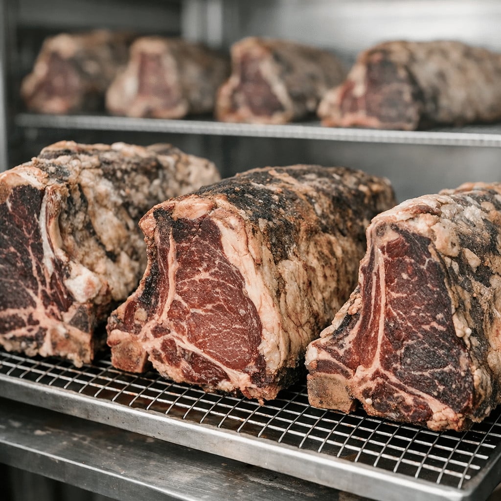 Dry-aged beef steaks resting on metal racks in a professional meat aging room.
