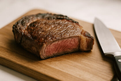 Juicy medium-rare steak resting on a wooden cutting board with a kitchen knife beside it, illustrating meat resting.