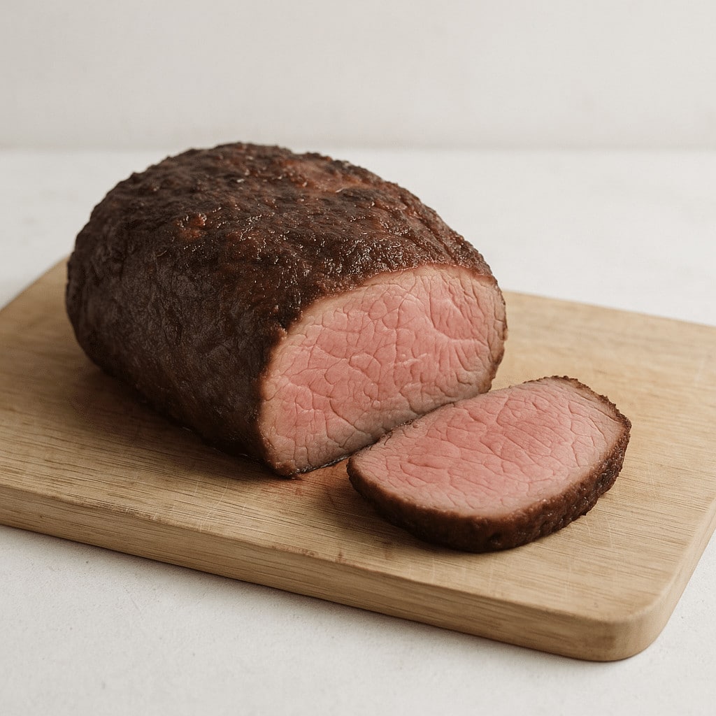 Sliced medium-rare roast beef on wooden board illustrating et dinlendirme süresi and its impact on flavor.