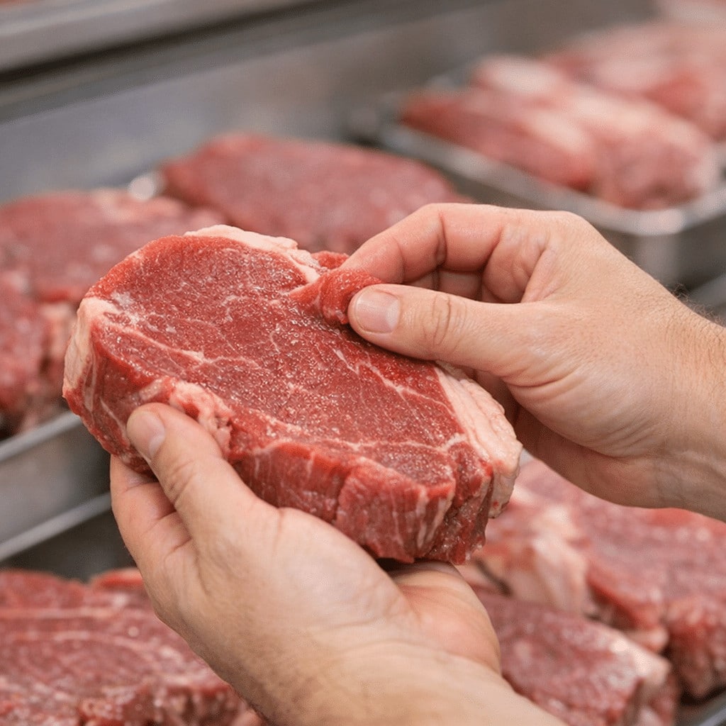 Kasapta elde tutulan taze &ccedil;iğ biftek, et kalitesini renk ve dokuya g&ouml;re değerlendirme &ouml;rneği