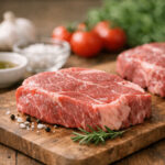 Ahşap tahtada baharat ve taze otlarla sunulan çiğ antrikot, et kalitesi nasıl anlaşılır örneği