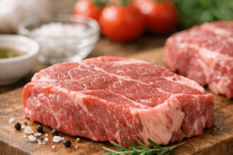 Ahşap tahtada baharat ve taze otlarla sunulan çiğ antrikot, et kalitesi nasıl anlaşılır örneği