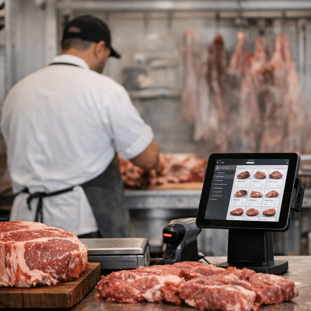 Butcher slicing meat in a shop using a digital point-of-sale system showing meat cuts, highlighting digitalization in the mea