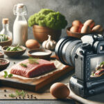 Professional food photography setup with fresh meat ingredients and a DSLR camera on a wooden table.