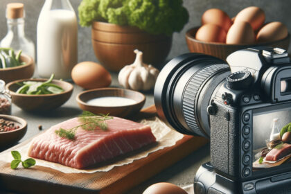 Professional food photography setup with fresh meat ingredients and a DSLR camera on a wooden table.