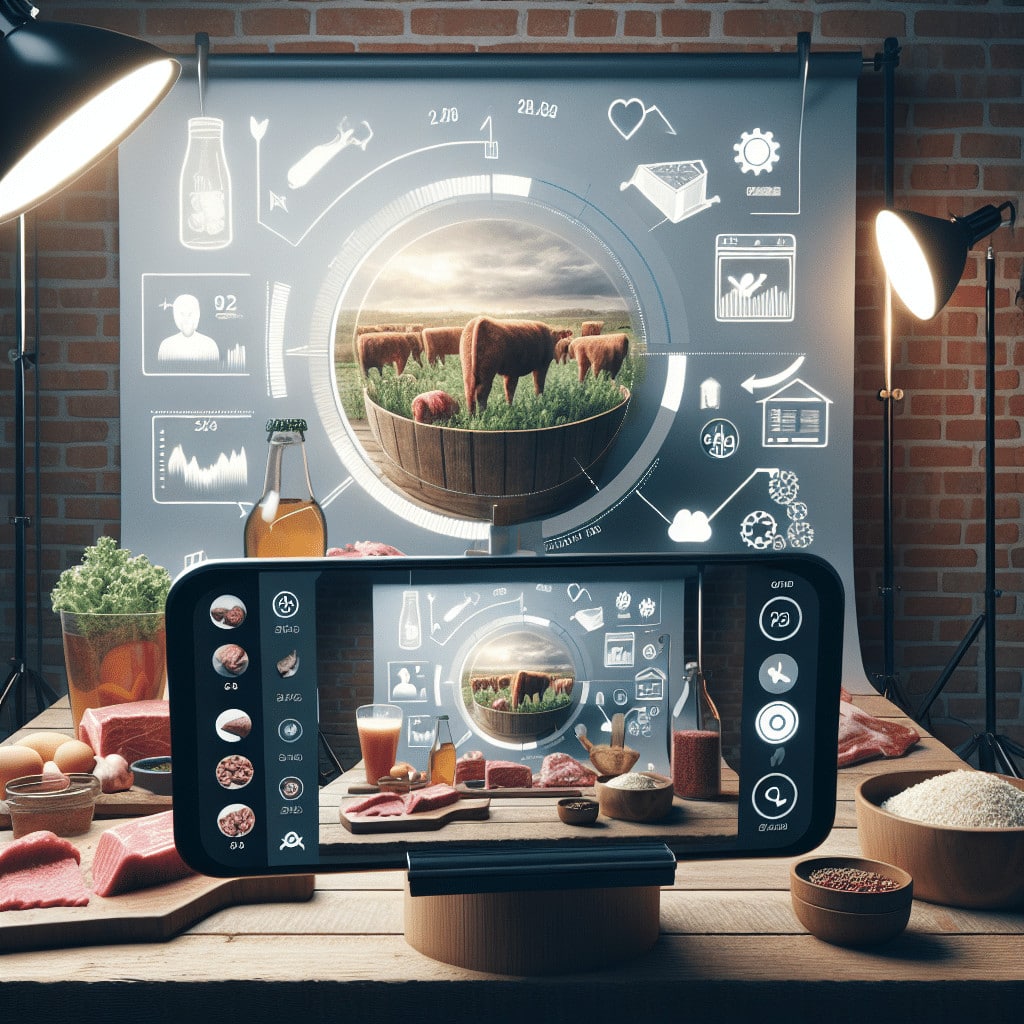 Smart farming interface shows livestock monitoring on a tablet and smartphone, highlighting changes in meat consumption habit