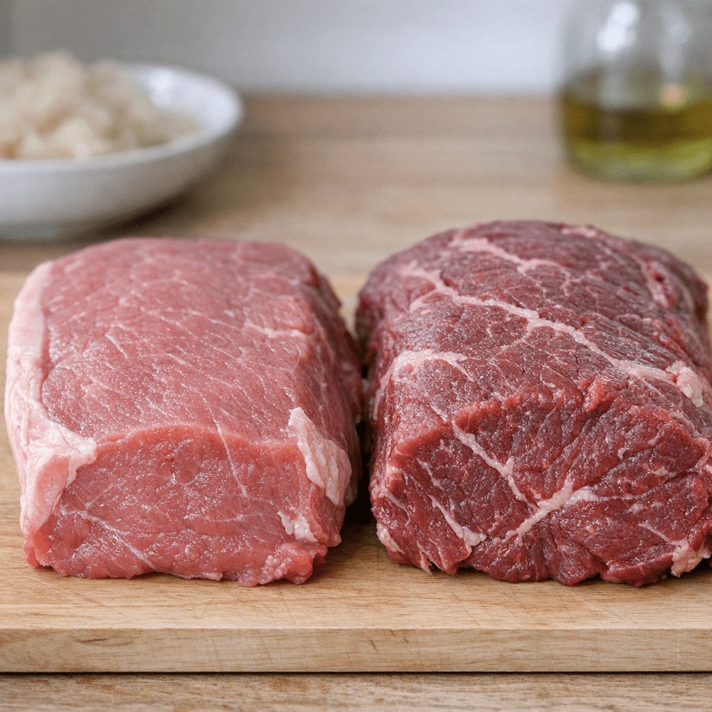 Two raw beef cuts on a wooden board with a bowl of rice and olive oil bottle in the background.