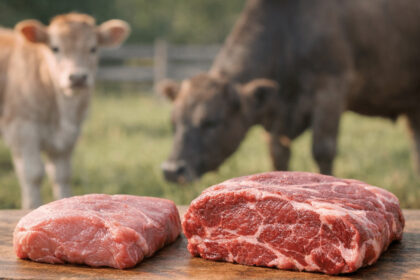 Fresh raw beef cuts on a wooden board with grazing cows in the background, highlighting meat quality and animal age.