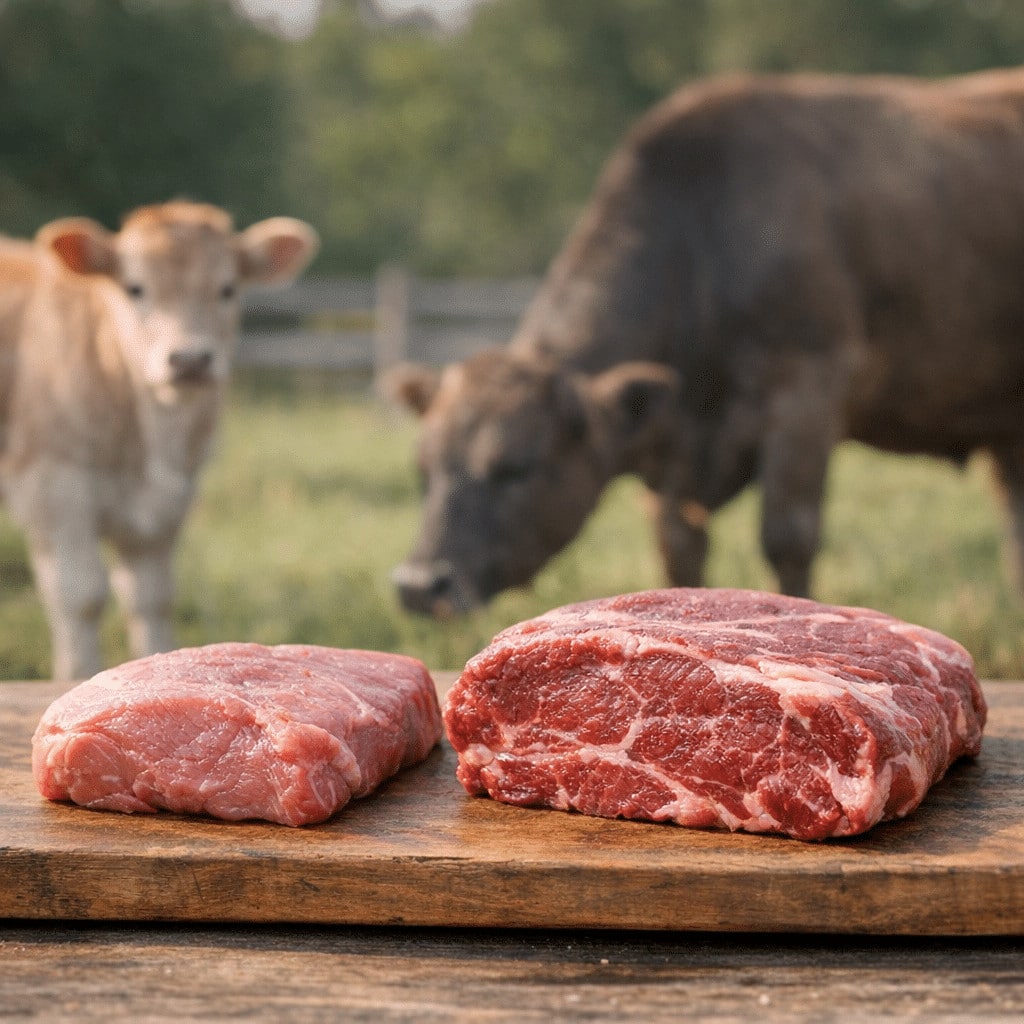 Fresh raw beef cuts on a wooden board with grazing cows in the background, highlighting meat quality and animal age.