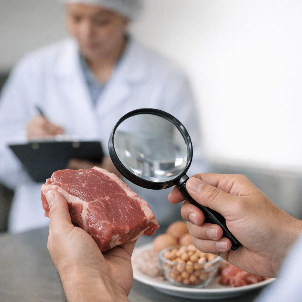 Food safety professionals inspecting raw meat in a lab for helal sertifikası almak certification process.