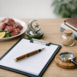 Workspace with clipboard, pen, crescent moon and star, raw meat, and magnifying glass on a wooden table.