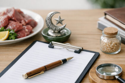 Workspace with clipboard, pen, crescent moon and star, raw meat, and magnifying glass on a wooden table.