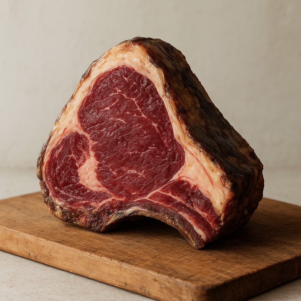 Thick raw ribeye steak with marbled fat resting on a wooden cutting board.