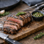 Juicy grilled steak sliced on a wooden cutting board, served with herbs and a small bowl of dipping sauce.