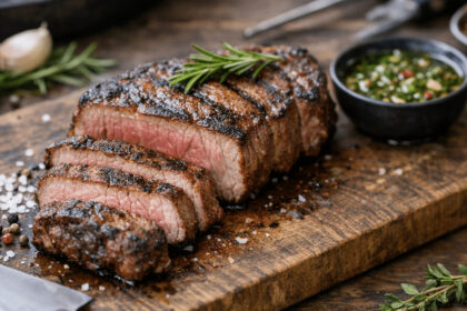 Juicy grilled steak sliced on a wooden cutting board, served with herbs and a small bowl of dipping sauce.
