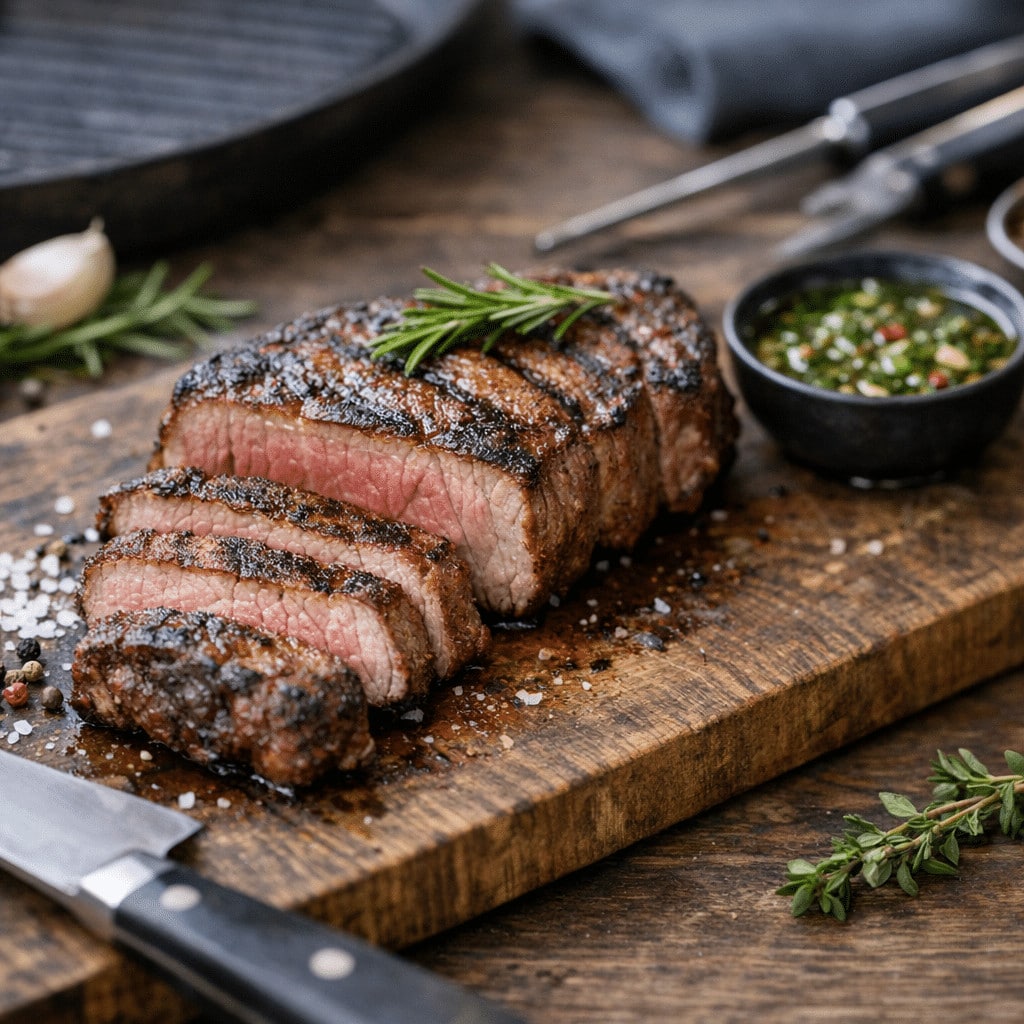 Juicy grilled steak sliced on a wooden cutting board, served with herbs and a small bowl of dipping sauce.
