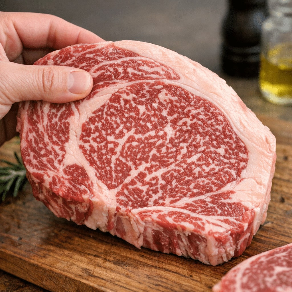 Close-up of a hand holding a marbled raw ribeye steak on a wooden cutting board.