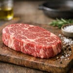 Ahşap kesme tahtasında baharat ve otlarla birlikte çiğ, yoğun mermerleşmiş biftek dilimi