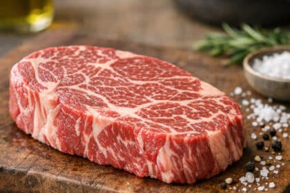 Ahşap kesme tahtasında baharat ve otlarla birlikte çiğ, yoğun mermerleşmiş biftek dilimi