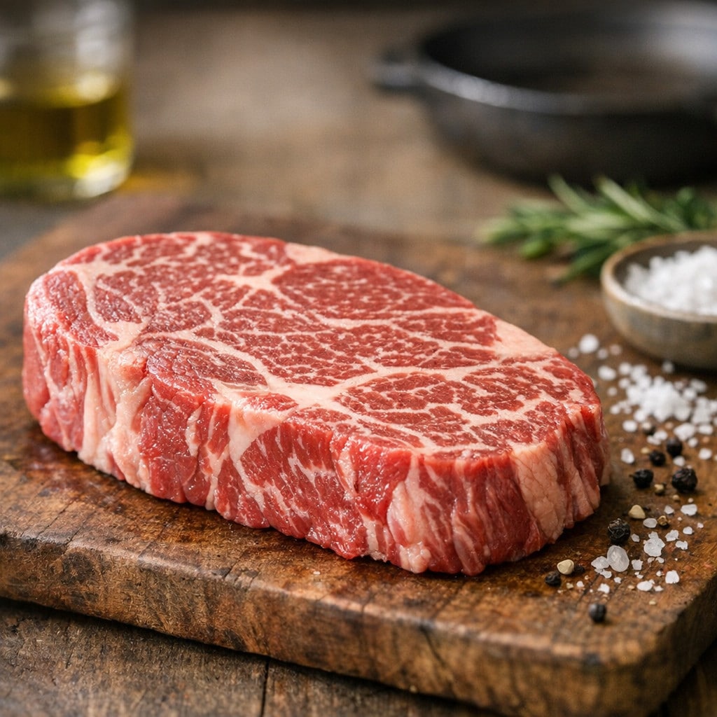 Ahşap kesme tahtasında baharat ve otlarla birlikte çiğ, yoğun mermerleşmiş biftek dilimi