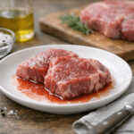 Raw seasoned beef steaks on a white plate, showing fresh red meat with spices ready for cooking.