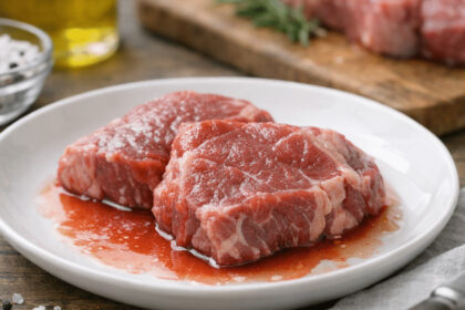 Raw seasoned beef steaks on a white plate, showing fresh red meat with spices ready for cooking.