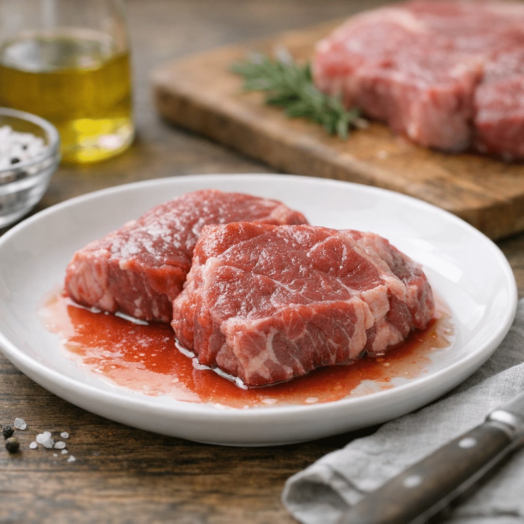 Raw seasoned beef steaks on a white plate, showing fresh red meat with spices ready for cooking.