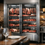 A refrigerated display case filled with various cuts of fresh raw meat in a restaurant interior.