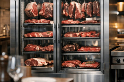 A refrigerated display case filled with various cuts of fresh raw meat in a restaurant interior.