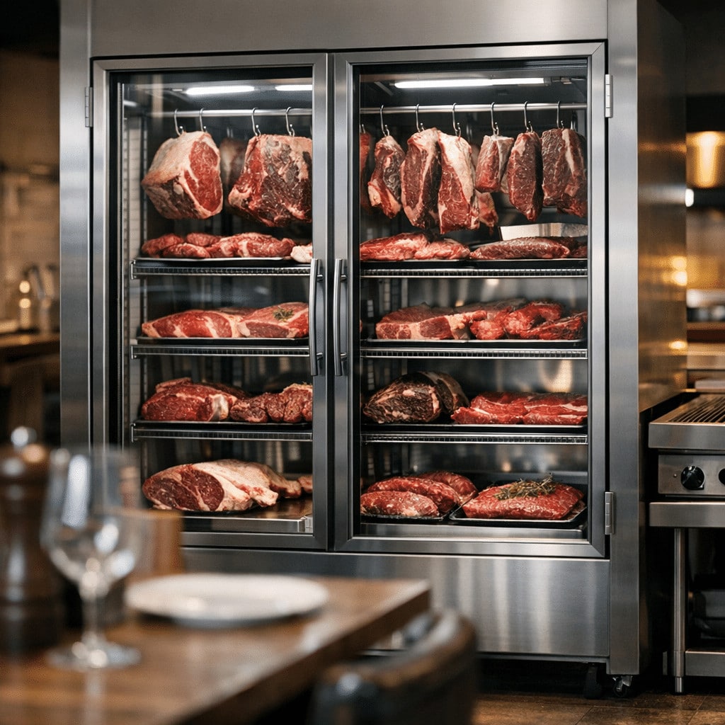 A refrigerated display case filled with various cuts of fresh raw meat in a restaurant interior.