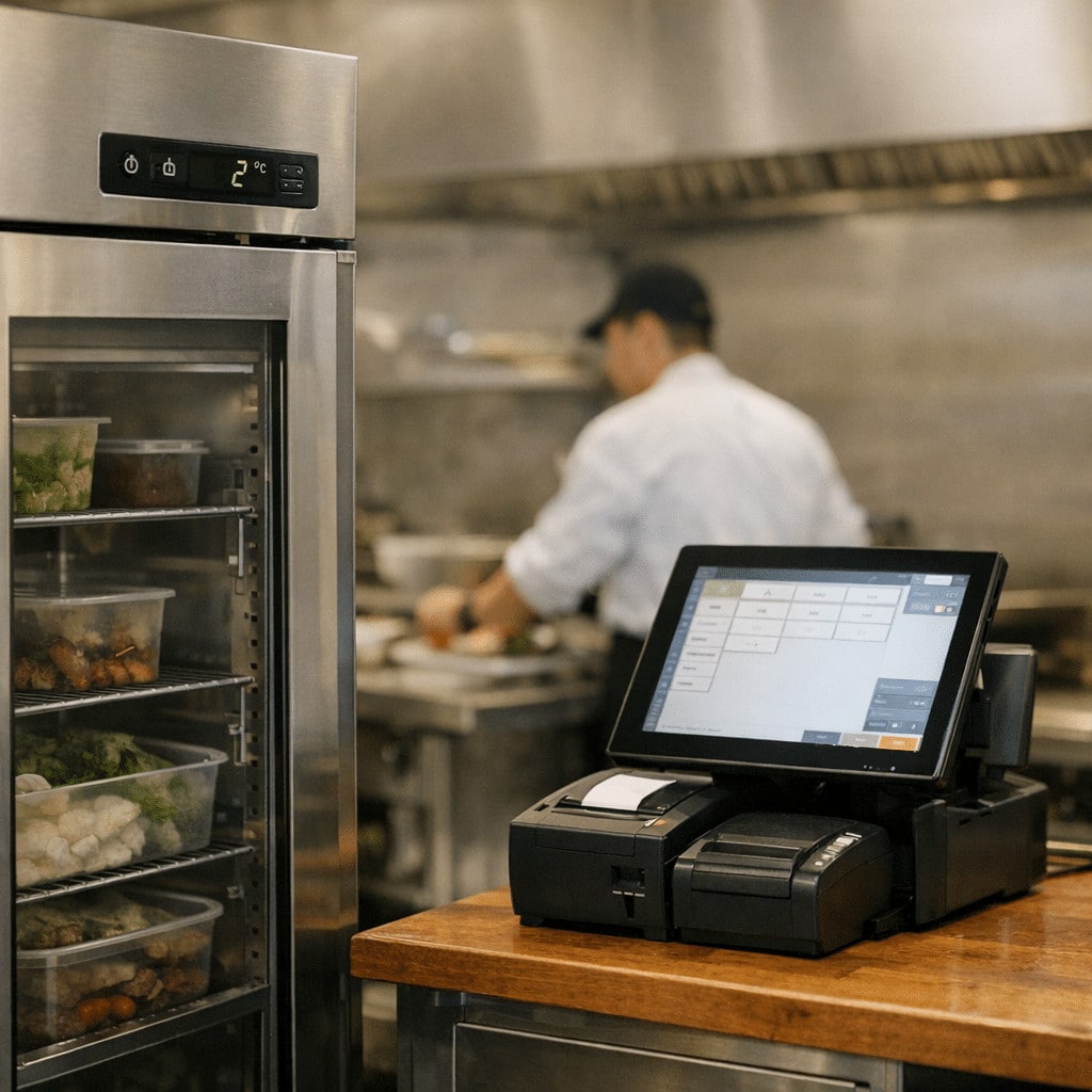 Commercial kitchen scene with a chef preparing food and a modern POS system on the counter.