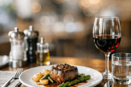 Gourmet steak dinner with roasted potatoes, asparagus, red wine, and water on a wooden table, illustrating restaurant price-q