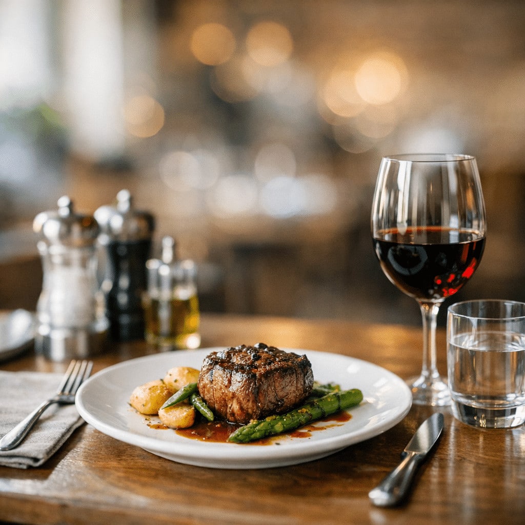 Gourmet steak dinner with roasted potatoes, asparagus, red wine, and water on a wooden table, illustrating restaurant price-q