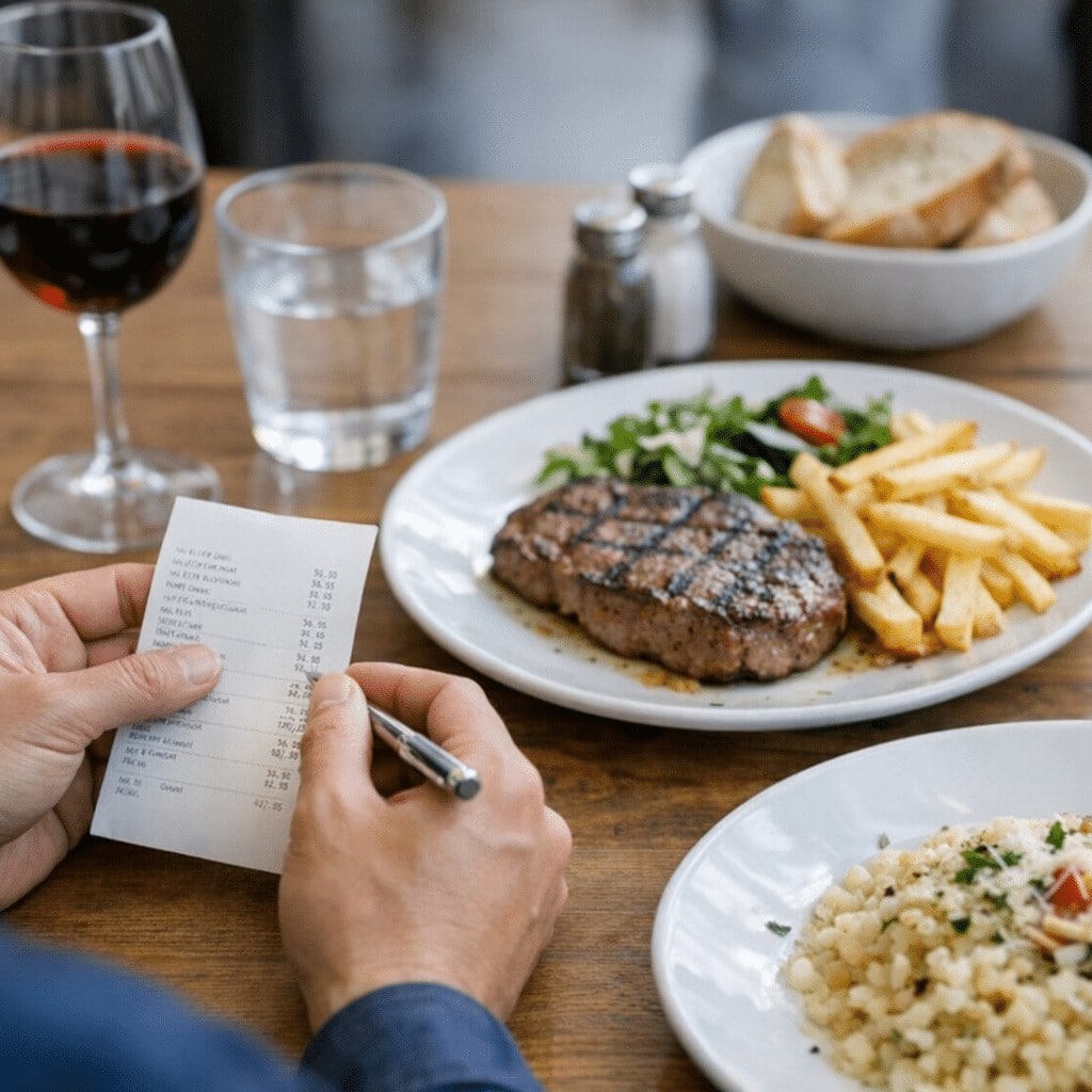 Person reviewing a restaurant bill with steak, fries, salad, and wine, illustrating restoran fiyat kalite balance in 2026 gui