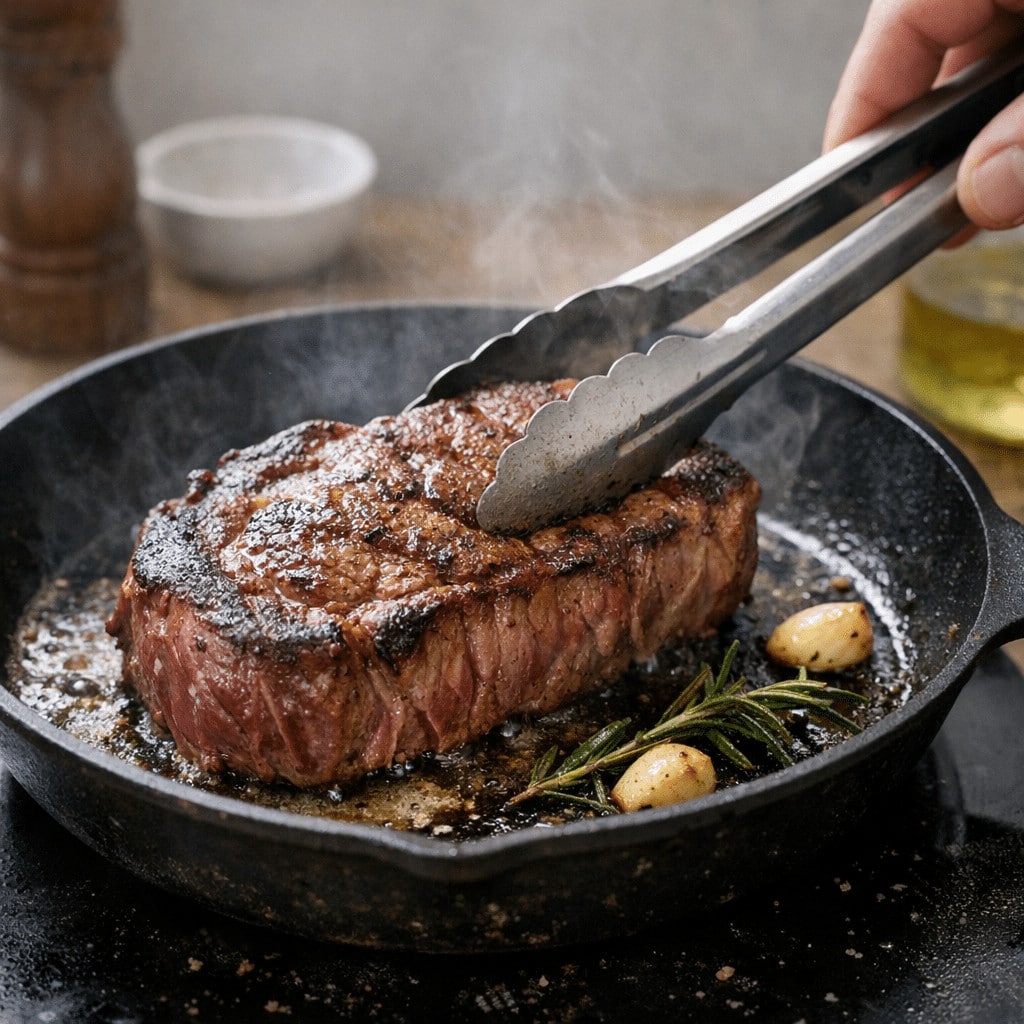 Juicy steak sizzling in a cast iron skillet with sprigs of rosemary and garlic cloves visible.