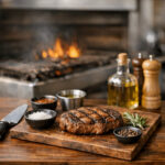 Grilled steak seasoned on a wooden board with barbecue grill in the background
